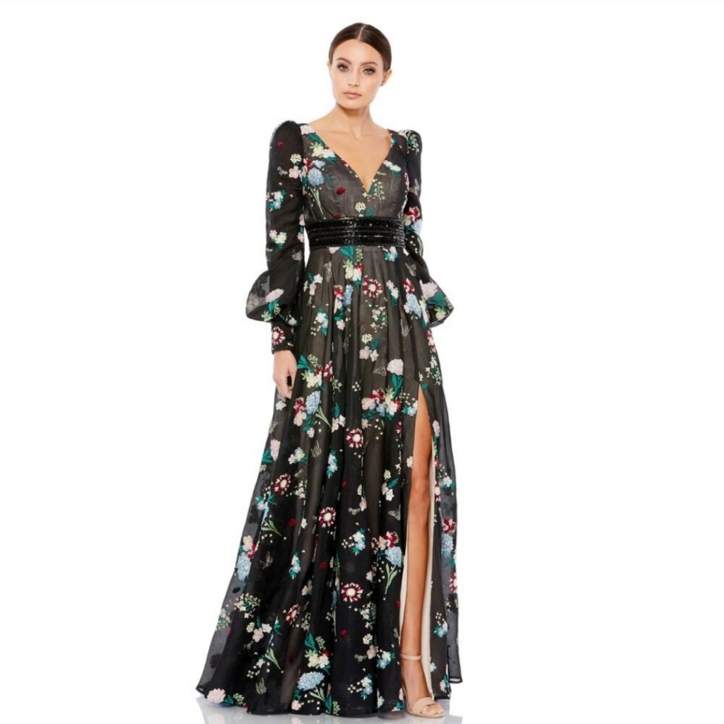 New Mac Duggal [ 14 ] Embroidered Bishop Sleeve V Neck Flowy Gown Black [Floral]